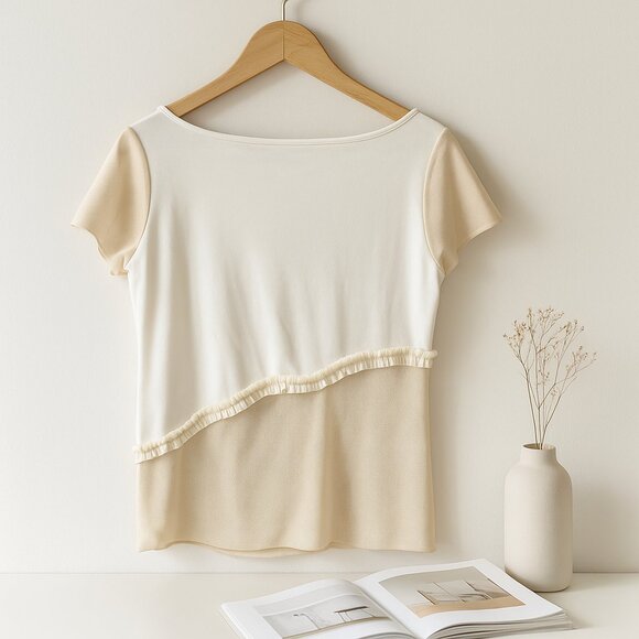 Sibilla Rei Beige Mesh Ruffle Top Women’s L Italy Made Sheer Romantic Blouse - Picture 2 of 8